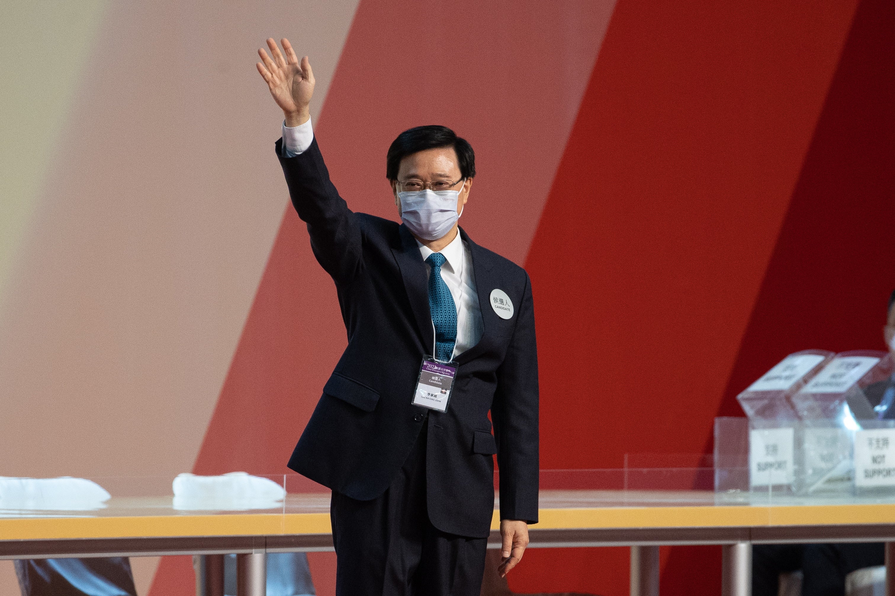 <p>John Lee Ka-chiu waves after being elected Hong Kong’s new leader</p>
