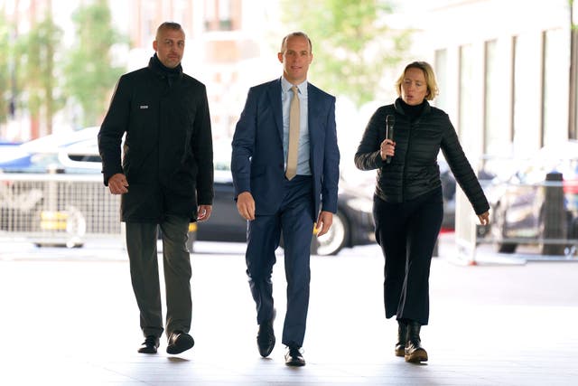 Justice Secretary Dominic Raab arrives at BBC Broadcasting House in London to appear on the BBC One current affairs programme Sunday Morning (Victoria Jones/PA)