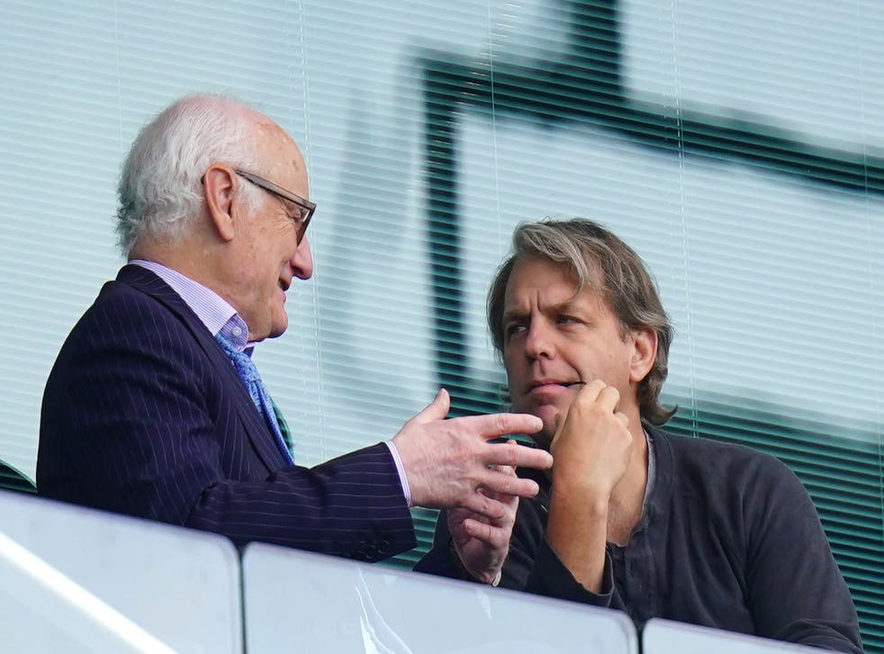 Prospective Chelsea owner Todd Boehly, right, in conversation with Blues chairman Bruce Buck, left, at Stamford Bridge (Adam Davy/PA)