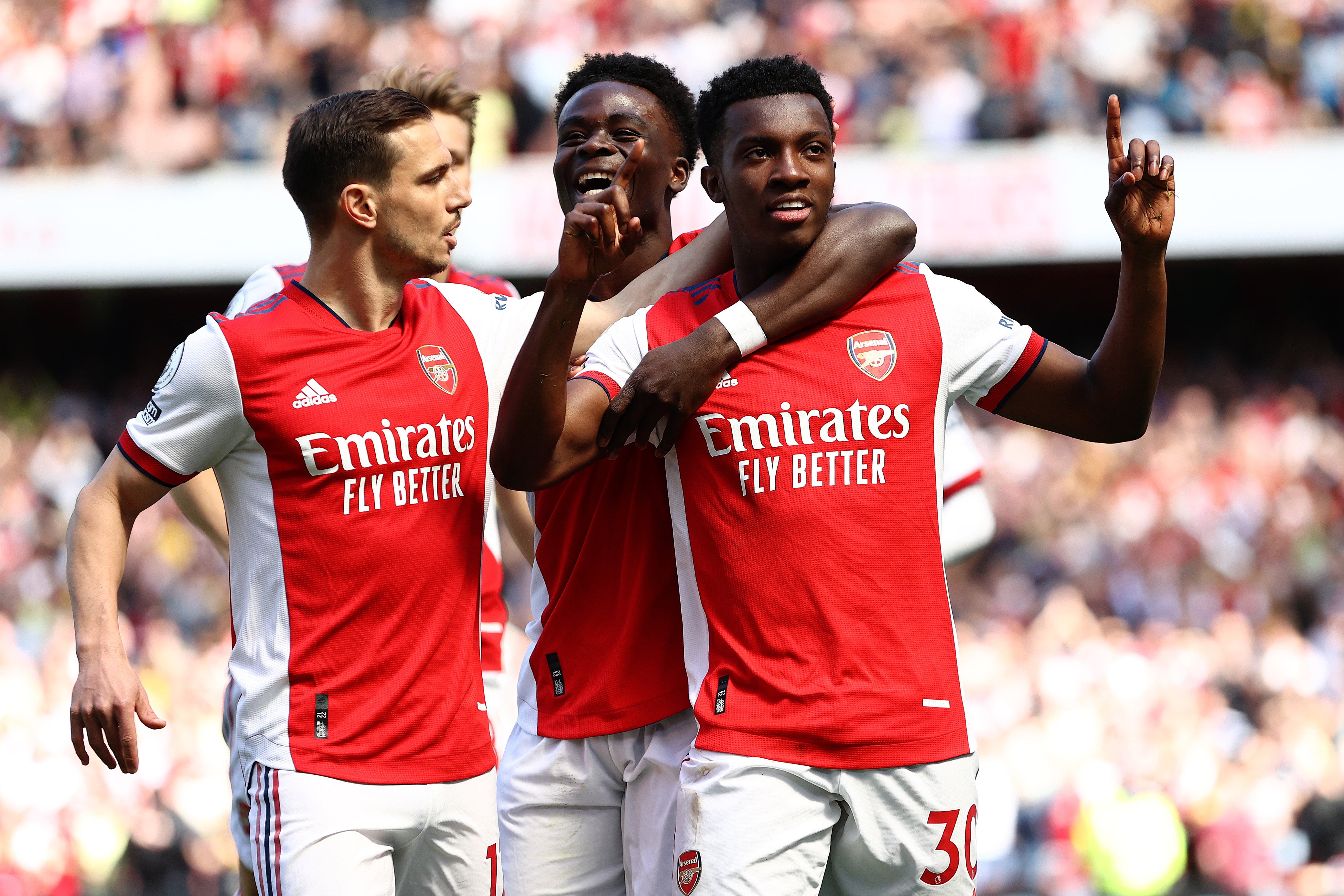 <p>Eddie Nketiah celebrates putting Arsenal ahead after five minutes </p>