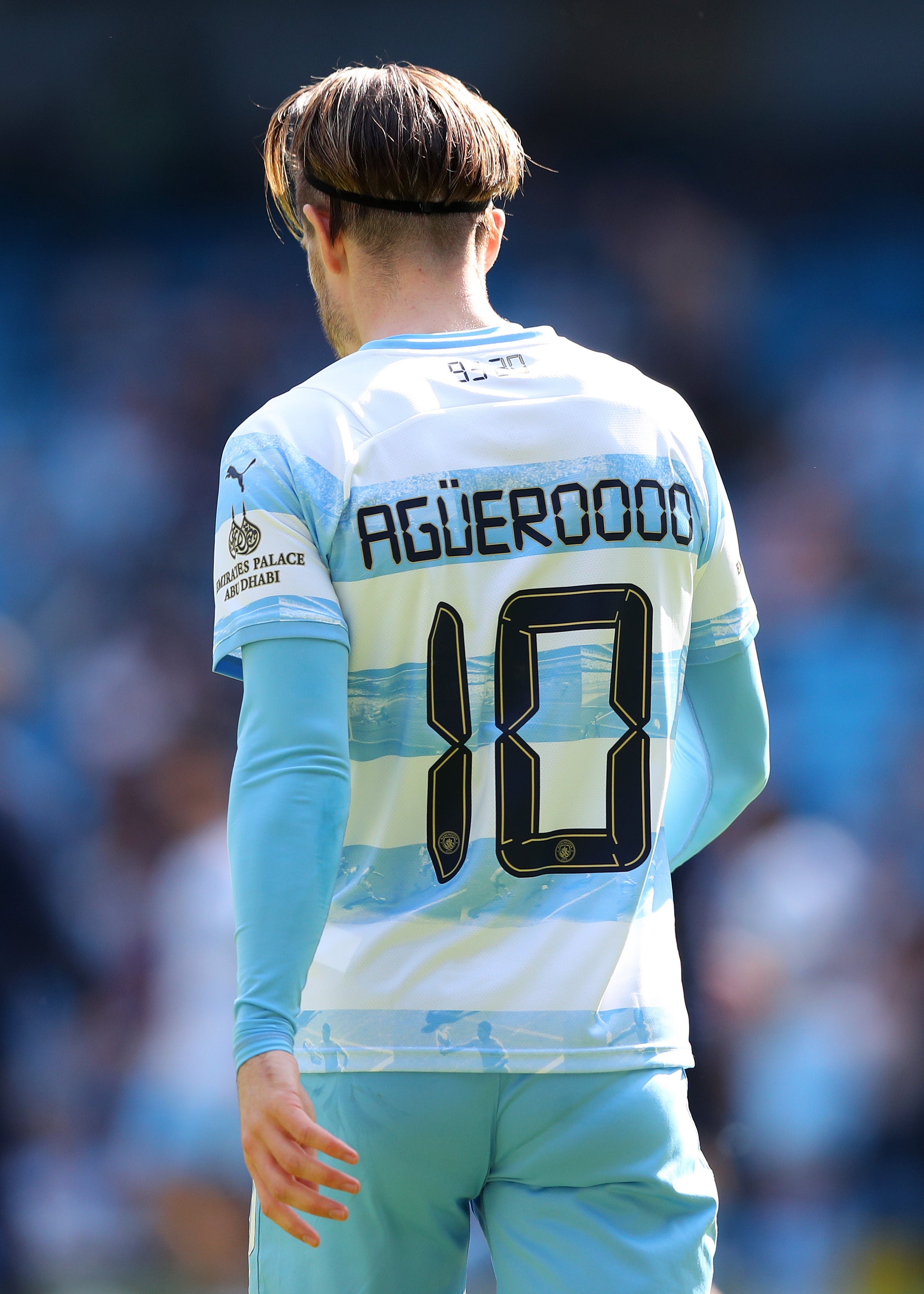 Jack Grealish was one of the City players wearing the commemorative shirt in the pre-match warm-up.