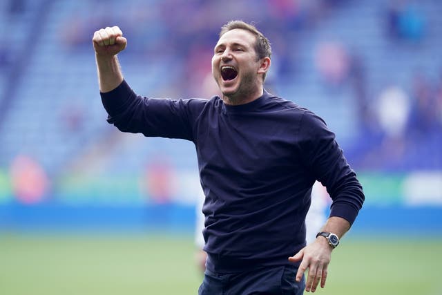 Everton manager Frank Lampard celebrates victory at Leicester. (Nick Potts/PA)