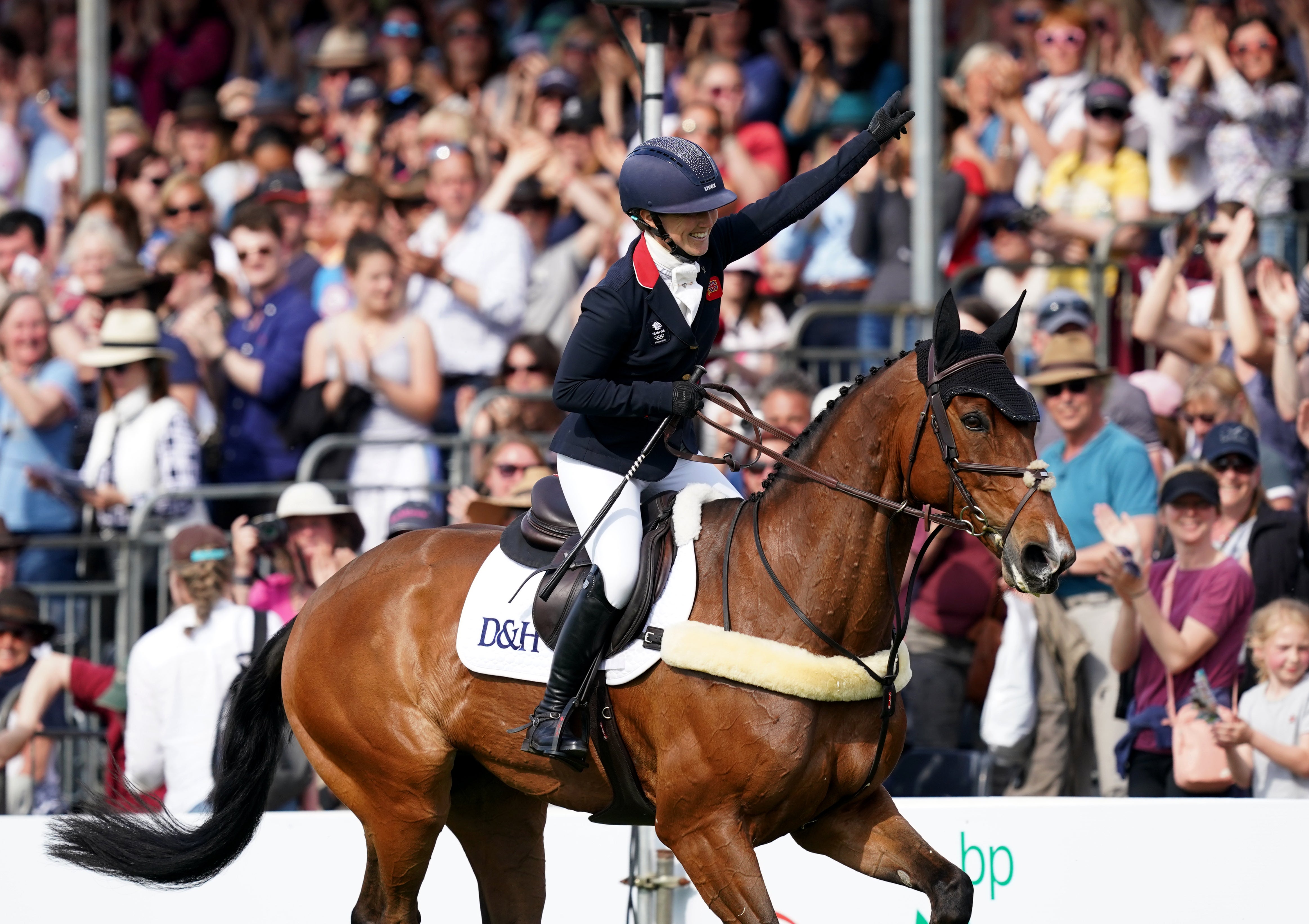 Laura Collett celebrates her victory at the Badminton Horse Trials (Steve Parsons/PA)