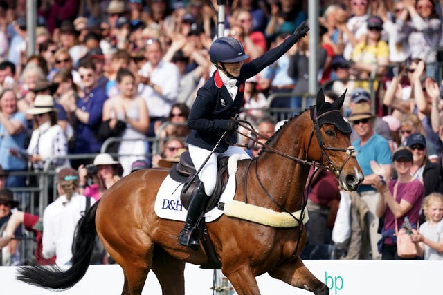 Laura Collett celebrates her victory at the Badminton Horse Trials (Steve Parsons/PA)
