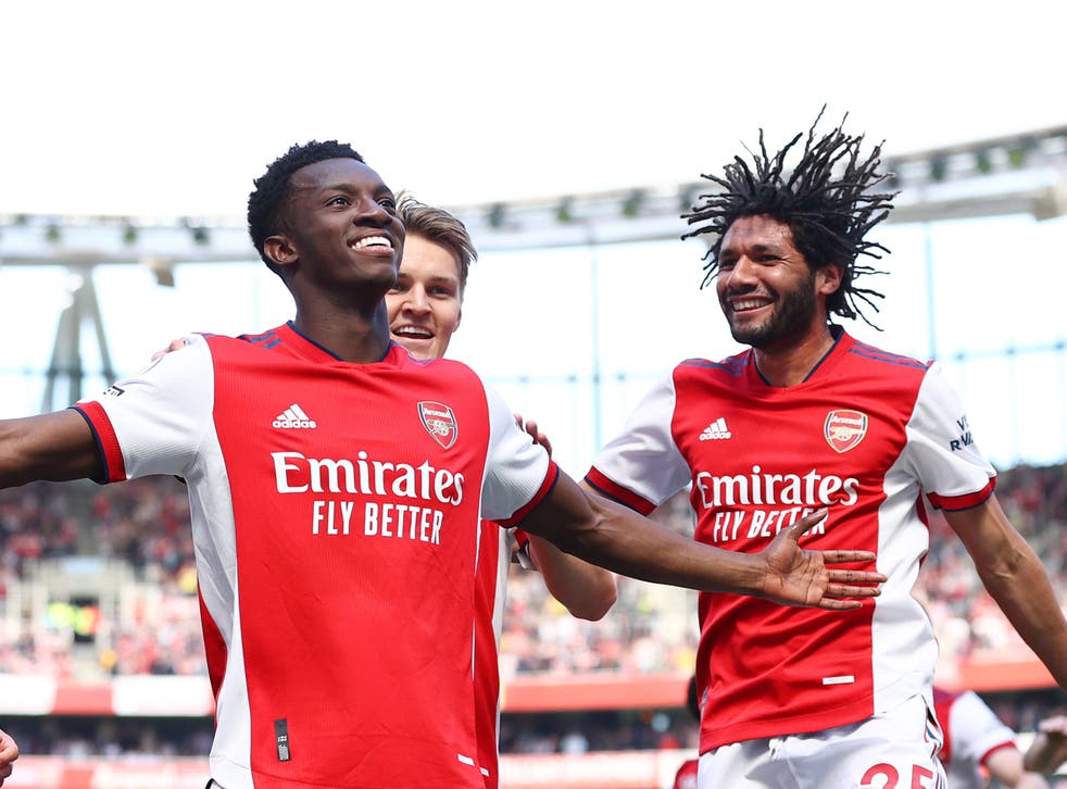 <p>Eddie Nketiah celebrates scoring for Arsenal</p>