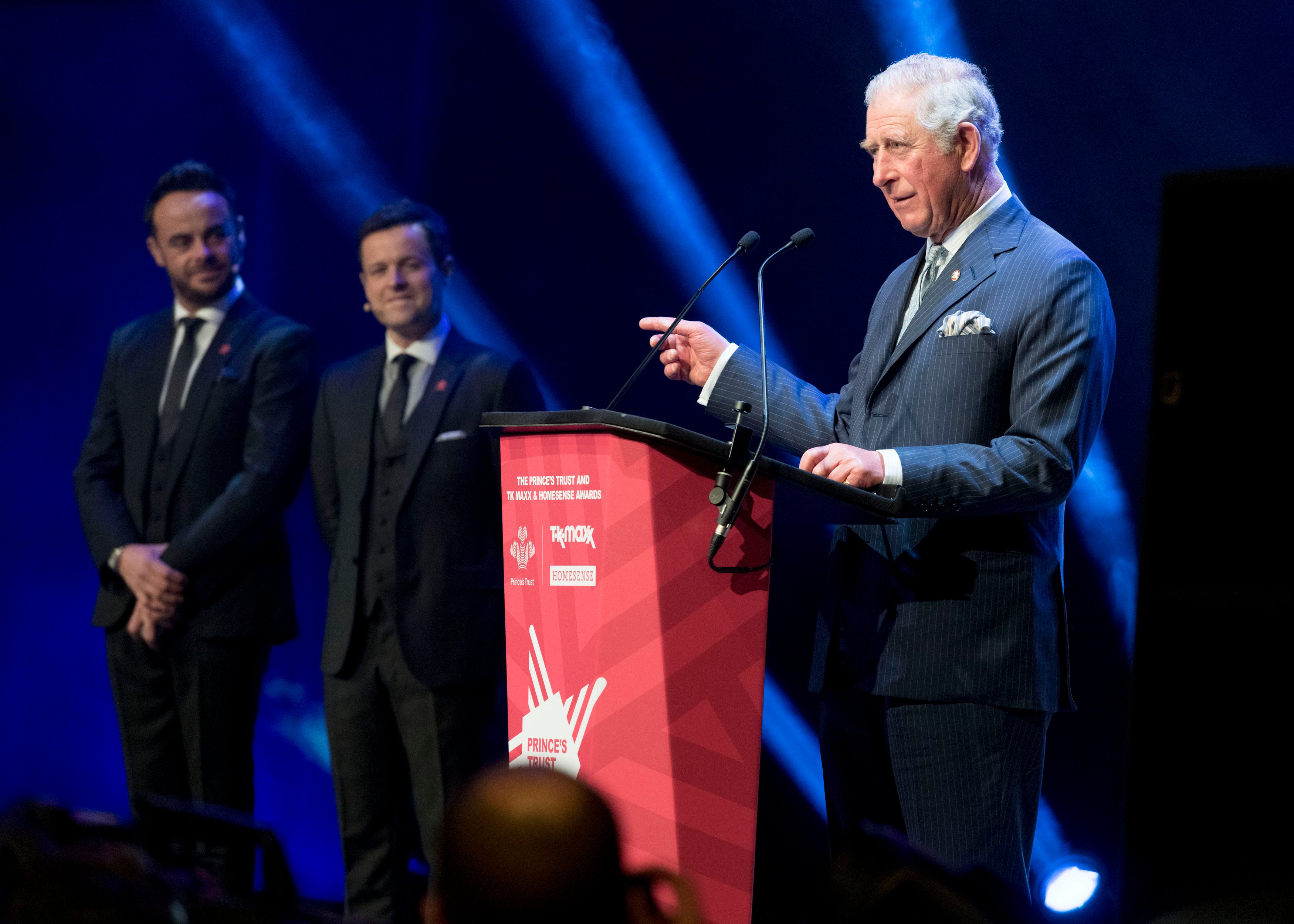 The Prince of Wales on stage with hosts Anthony Ant McPartlin and Declan Donnelly at the Prince’s Trust Awards at the London Palladium (Geoff Pugh/The Daily Telegraph/PA)