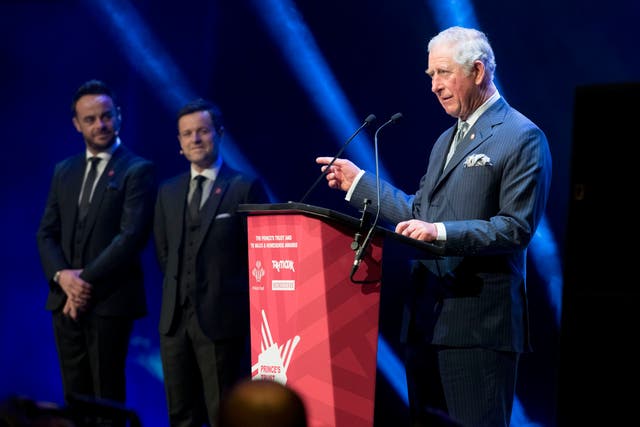 The Prince of Wales on stage with hosts Anthony Ant McPartlin and Declan Donnelly at the Prince’s Trust Awards at the London Palladium (Geoff Pugh/The Daily Telegraph/PA)