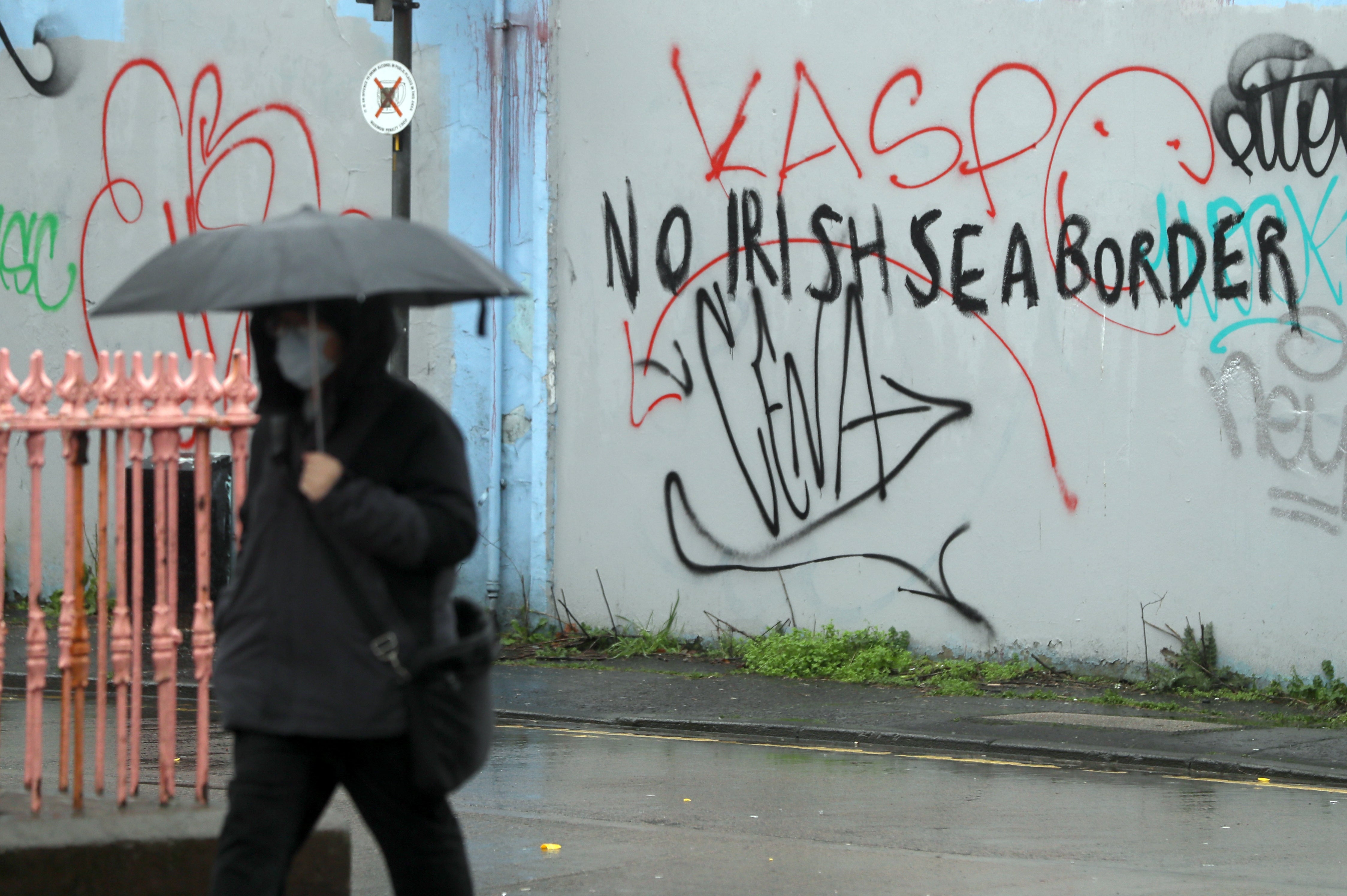 Graffiti reading ‘No Irish Sea border’ in Stroud Street, Belfast