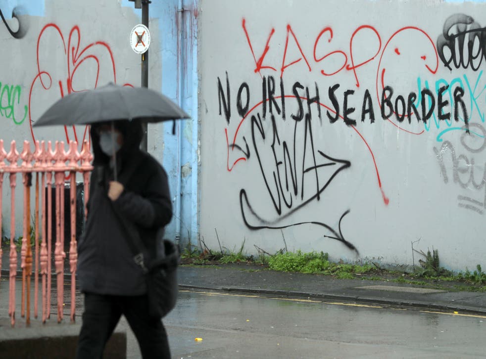 <p>Graffiti reading ‘No Irish Sea border’ in Stroud Street, Belfast</p>
