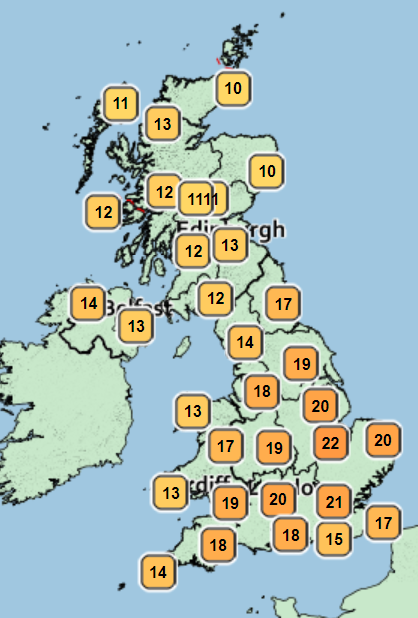 Met Office forecasts highs of 22C in the South East of England on Monday 9 - and it’s going to get hotter next week