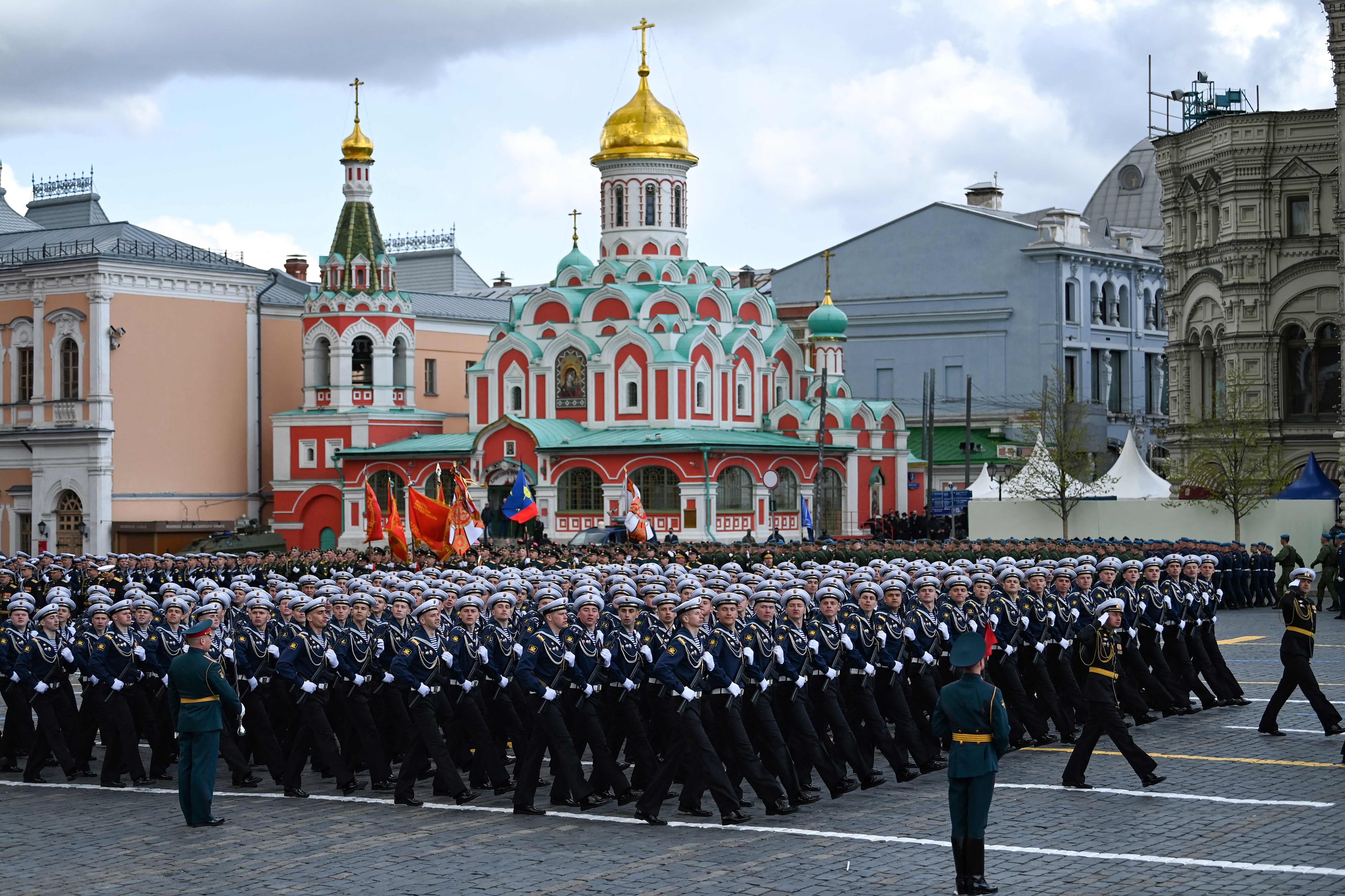 Russian sailors march on Red Square during the Victory Day military parade in central Moscow