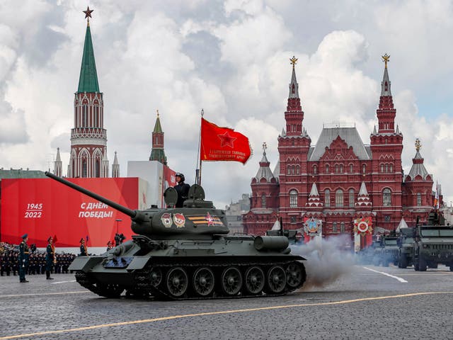 <p>A Soviet-era T-34 tank rolls through the Red Square during the Victory Day military parade in Moscow, Russia</p>