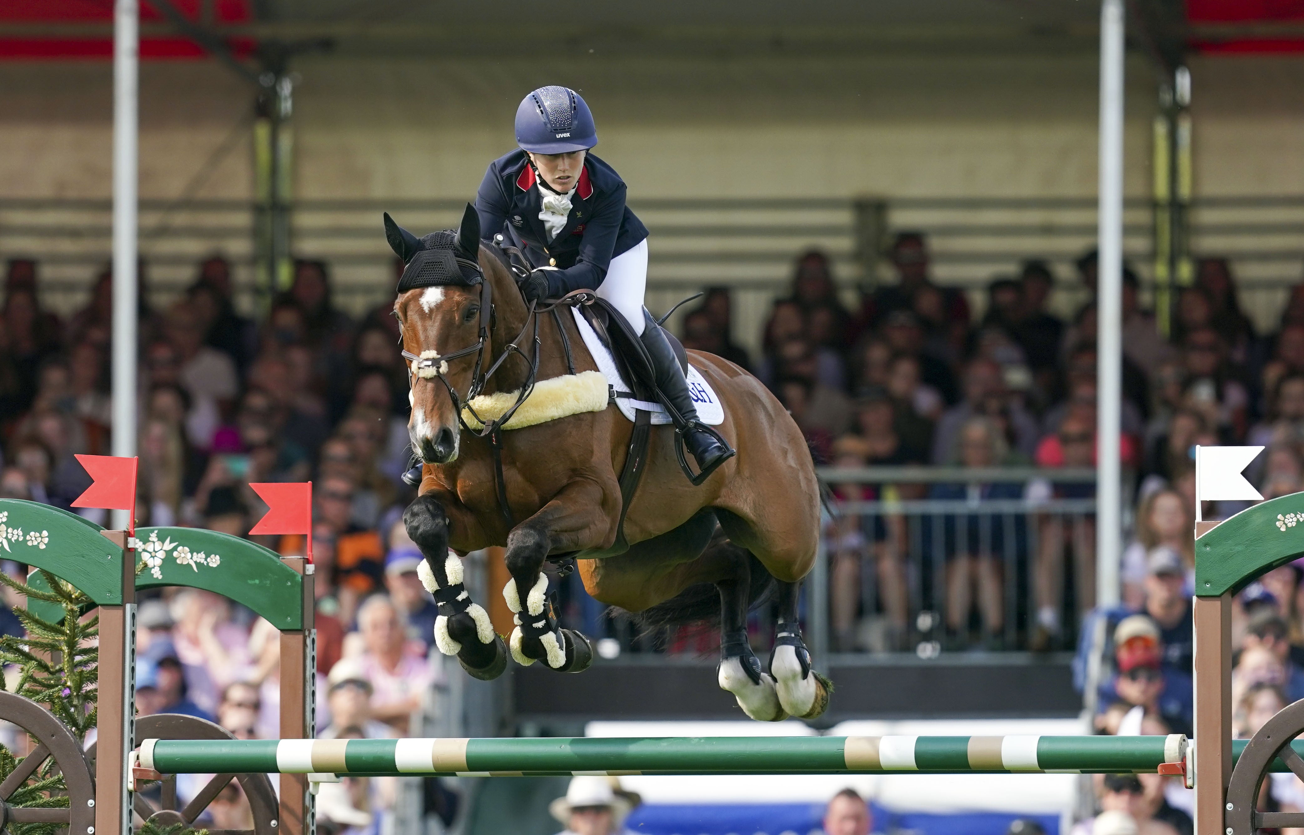 Laura Collett and London 52 in showjumping action at Badminton Horse Trials (Steve Parsons/PA)