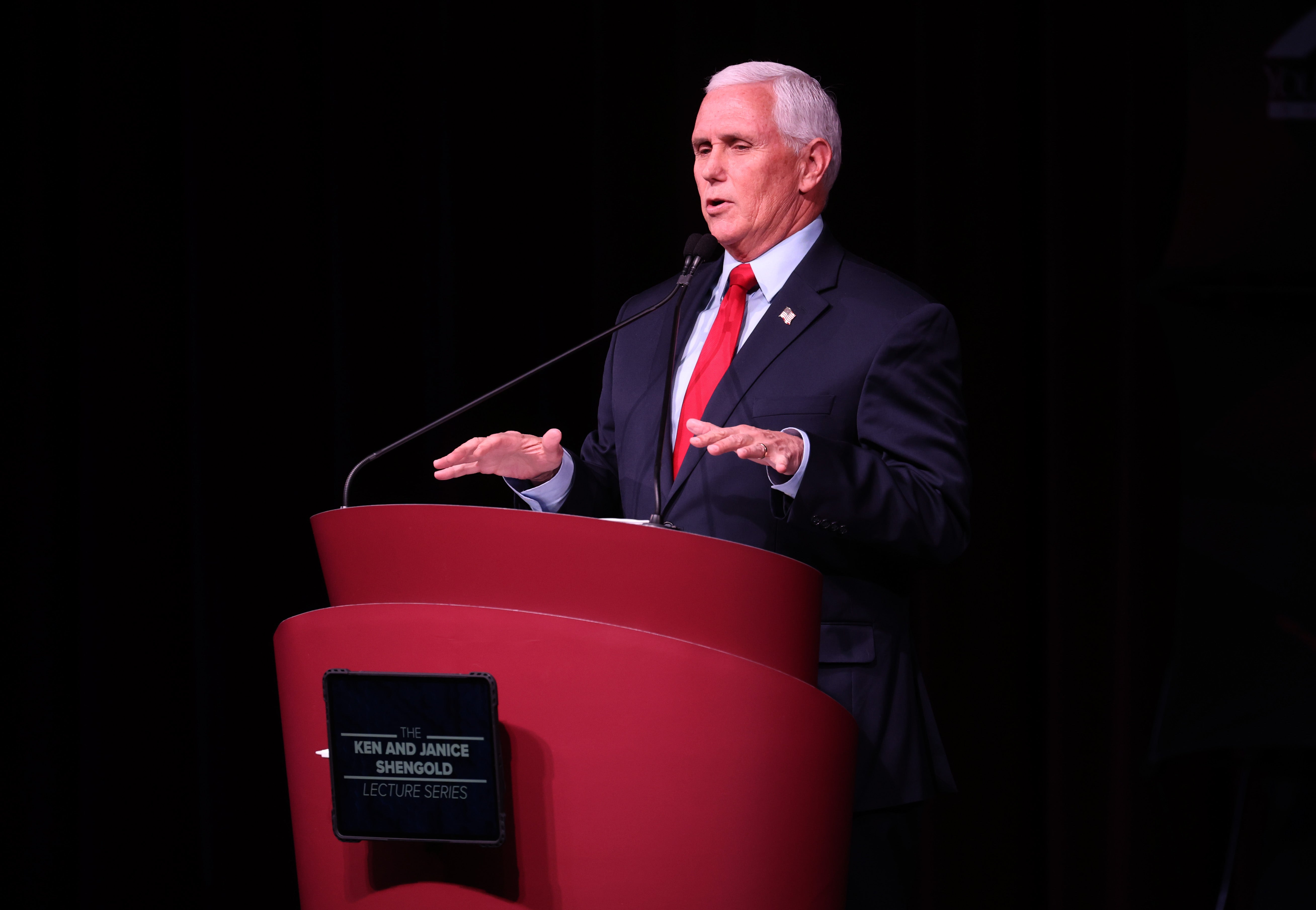 Former US vice president Mike Pence gives a lecture at Stanford University in California on 17 February 2022