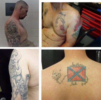 White has tattoos tied to White supremacist gangs and what appears to be the Confederate flag