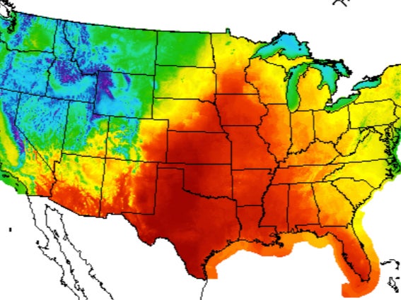 A National Weather Service map showing the spread of a heatwave beginning in Texas and moving through the central US throughout the week of 9 May