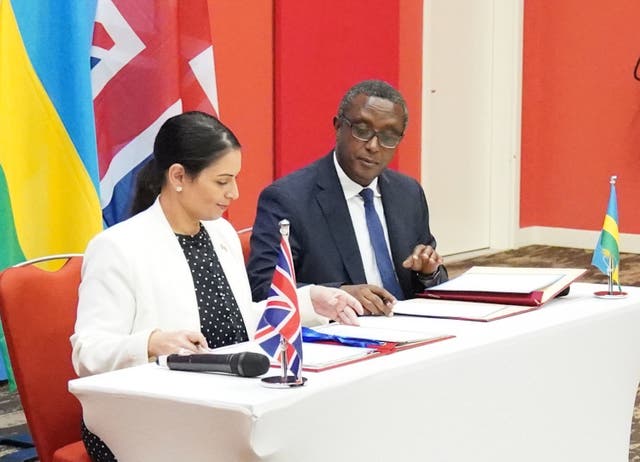 <p>Home Secretary Priti Patel and Rwandan minister for foreign affairs and international co-operation, Vincent Biruta</p>