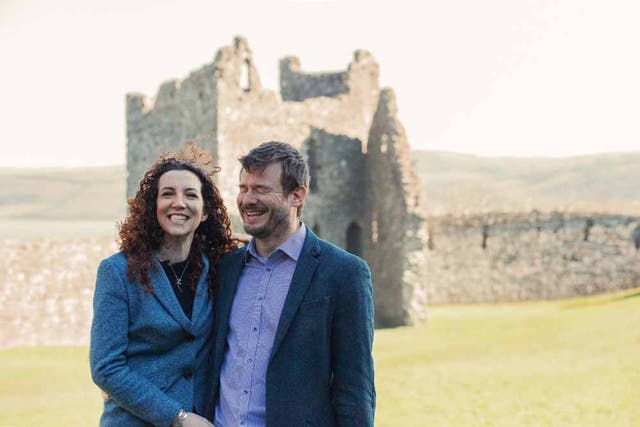 <p>Marian and Rob outside the castle</p>