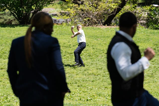 Sadiq Khan has warmed up for his guest appearance throwing the ceremonial first pitch at a Major League Baseball (MLB) game by practicing in New York’s Central Park (Stefan Rousseau/PA)