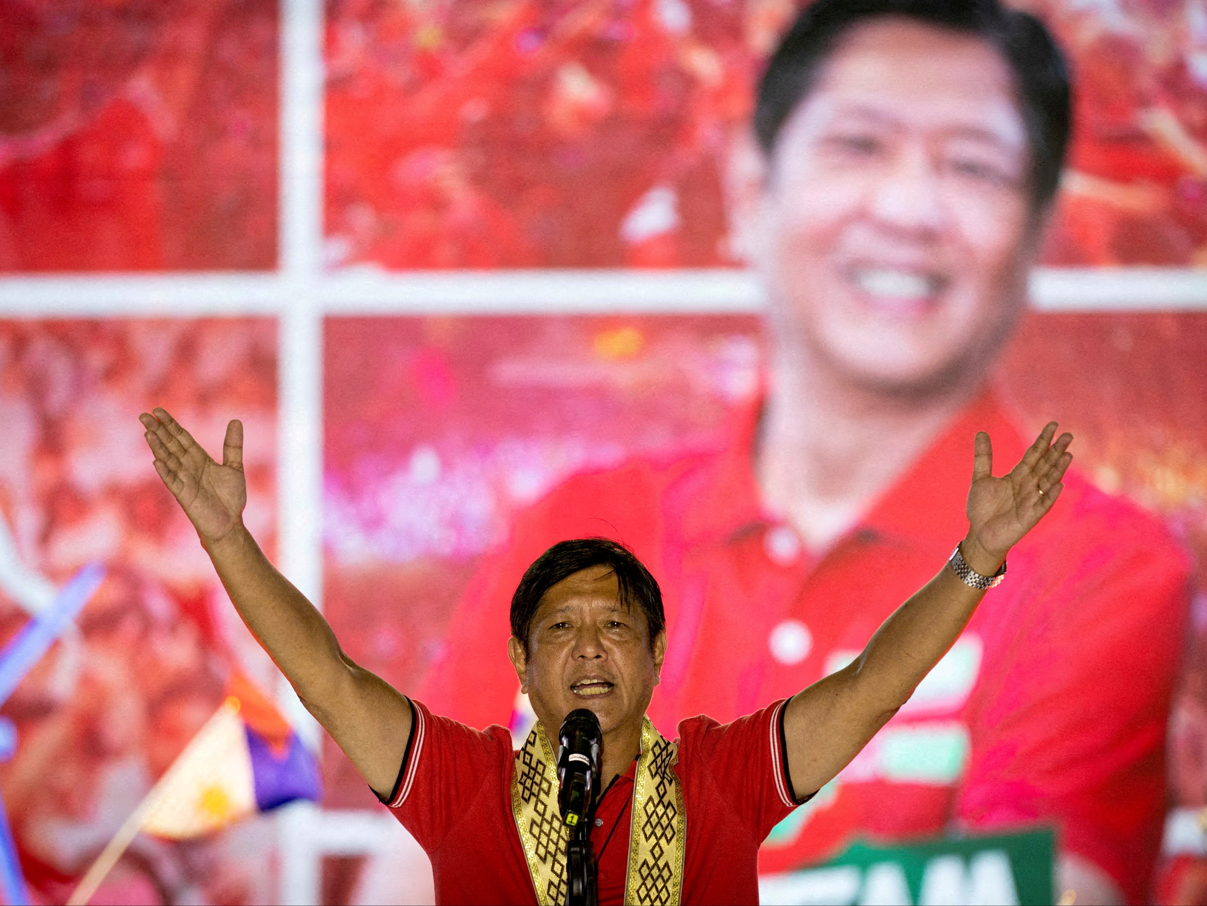 <p>Ferdinand ‘Bongbong’ Marcos Jr delivers a speech during a campaign rally in Lipa, Batangas province, Philippines on 20 April </p>