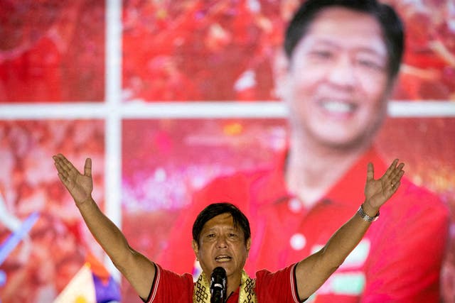 <p>Ferdinand ‘Bongbong’ Marcos Jr delivers a speech during a campaign rally in Lipa, Batangas province, Philippines on 20 April </p>