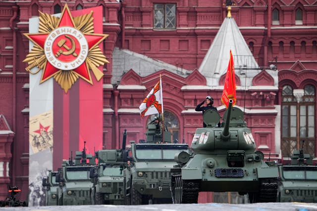 <p>Russian military vehicles roll during the Victory Day military parade in Moscow, Russia, Monday</p>