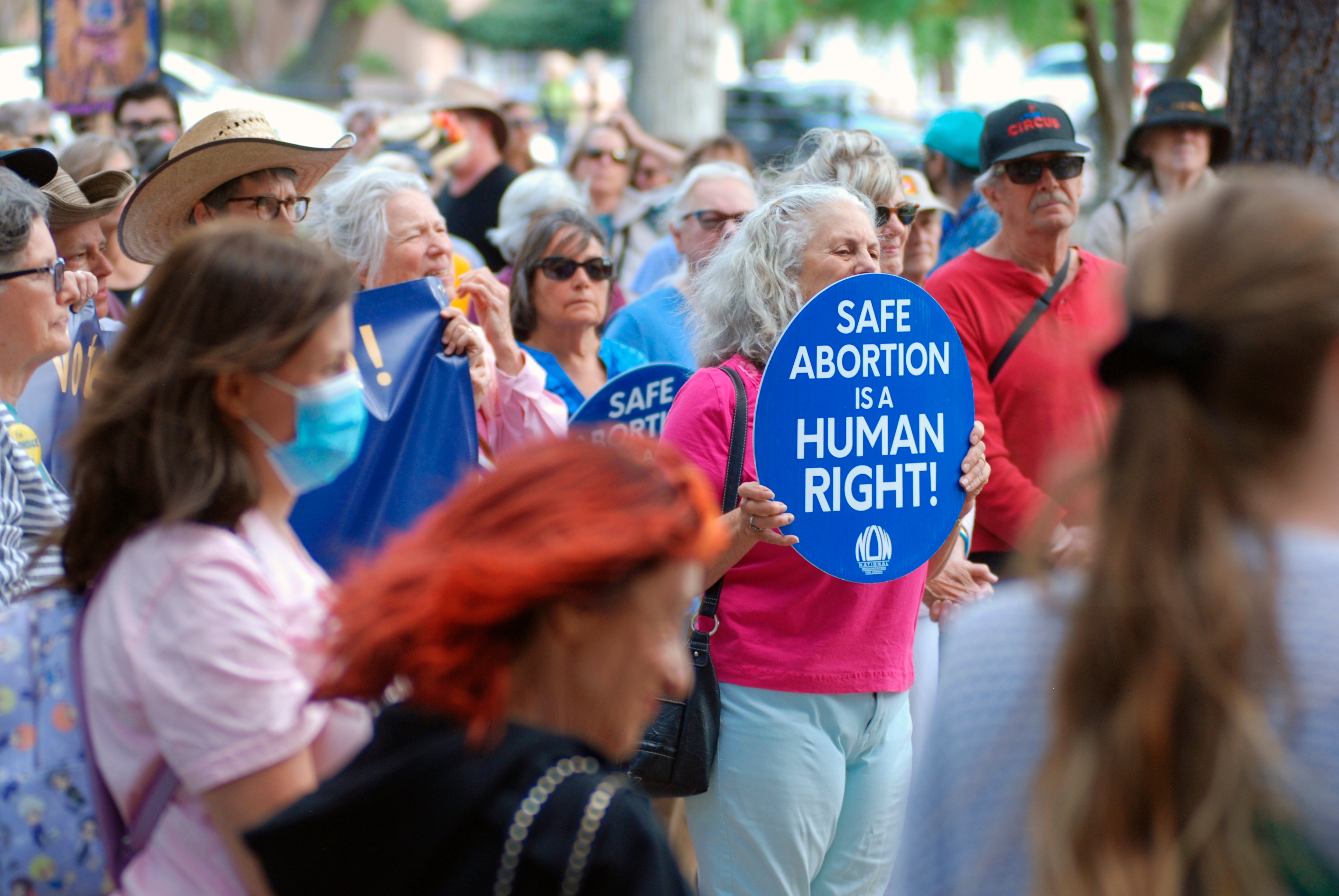 Protesters gather at a rally in support of abortion rights outside a federal courthouse in Santa Fe, New Mexico, on 3 May