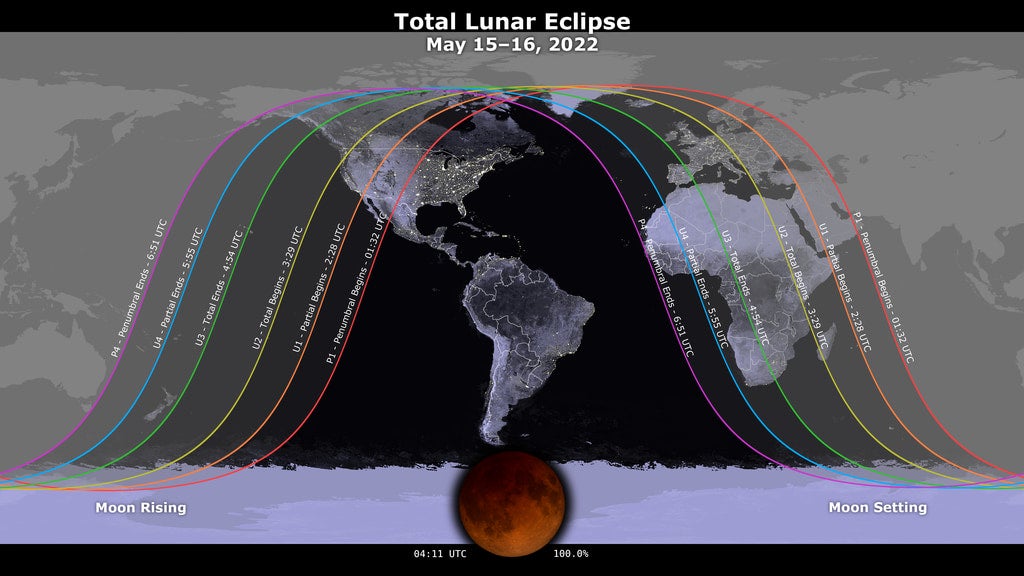 A map of where in the world the 15 May 2022 lunar eclipse will be visible