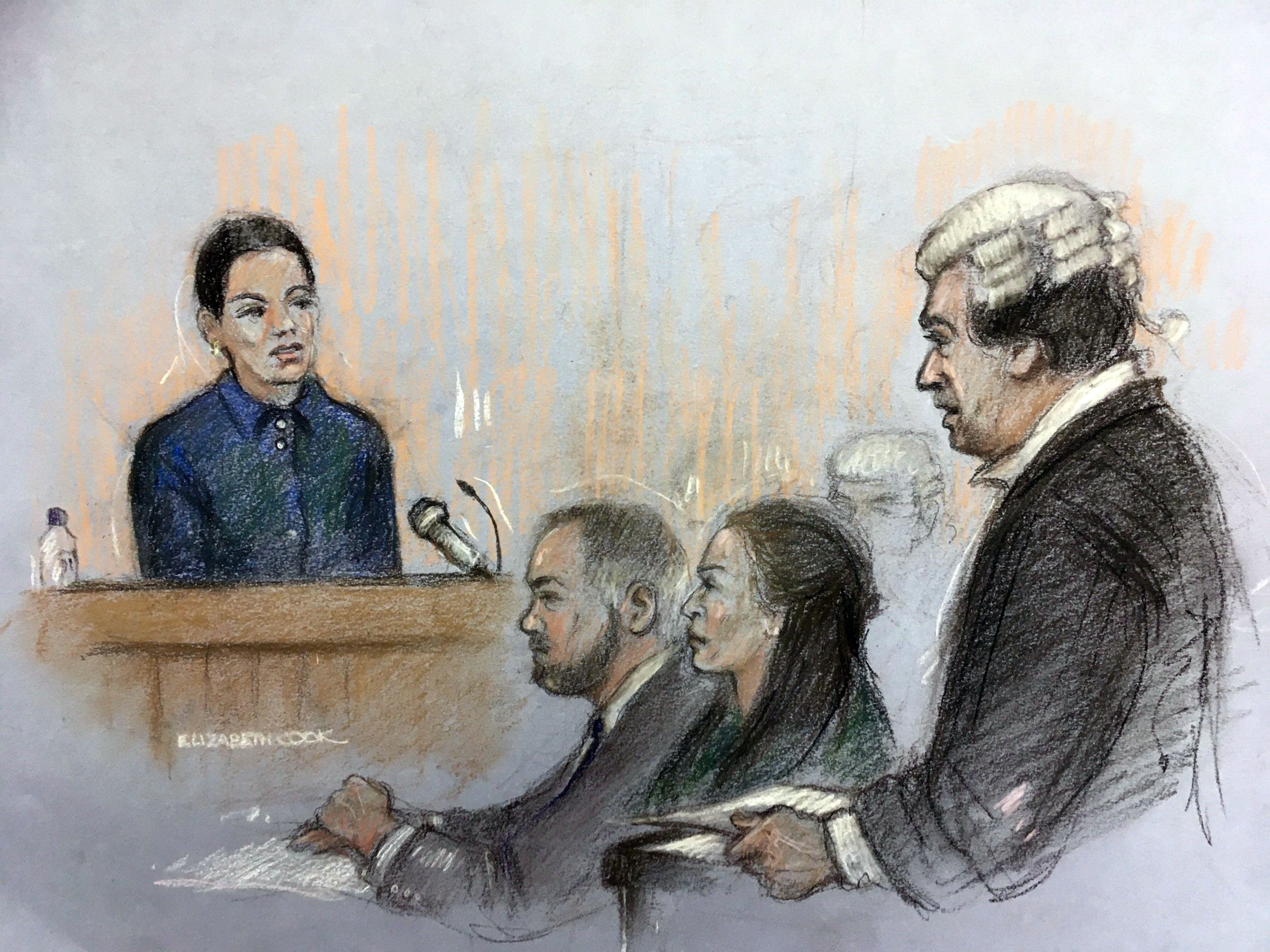 Court sketch of Coleen Rooney’s barrister David Sherborne (right) questioning Rebekah Vardy on the witness stand
