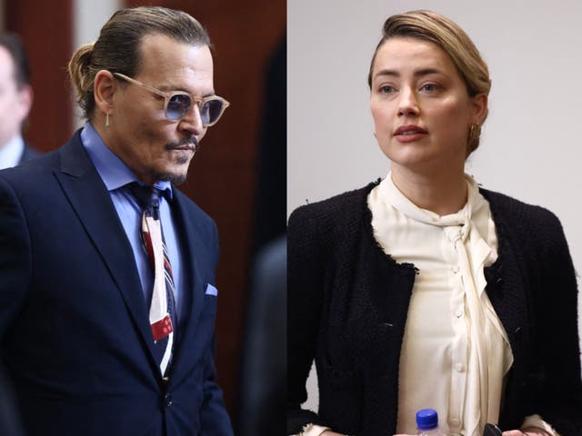 <p>Johnny Depp y Amber Heard en el juzgado del condado de Fairfax en Fairfax, Virginia, el 5 de mayo de 2022</p>