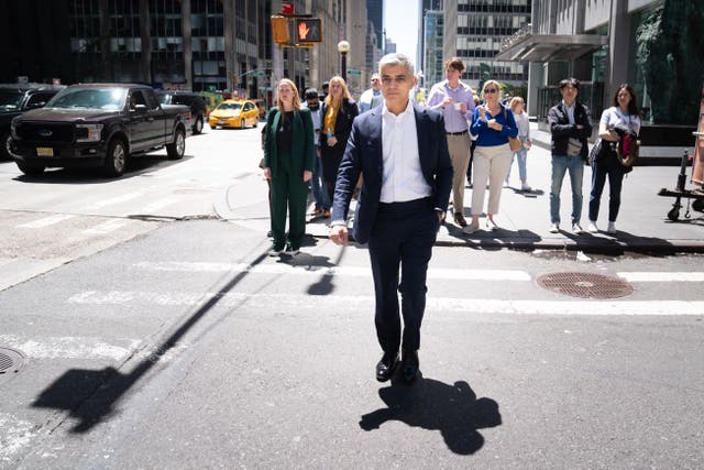 Mayor of London Sadiq Khan walks through the streets of New York between appointments during a 5 day visit to the US in a bid to boost London’s tourism industry (PA)