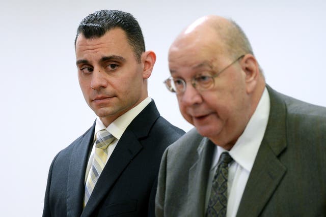 <p>File: Richard Dabate, left, stands with his lawyer at Superior Court in Rockville in 2017 </p>