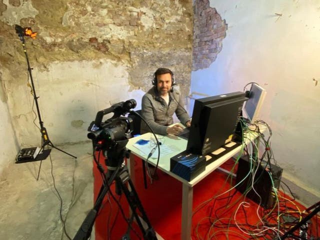 <p>Timur Miroshnychenko broadcasted from a bomb shelter </p>