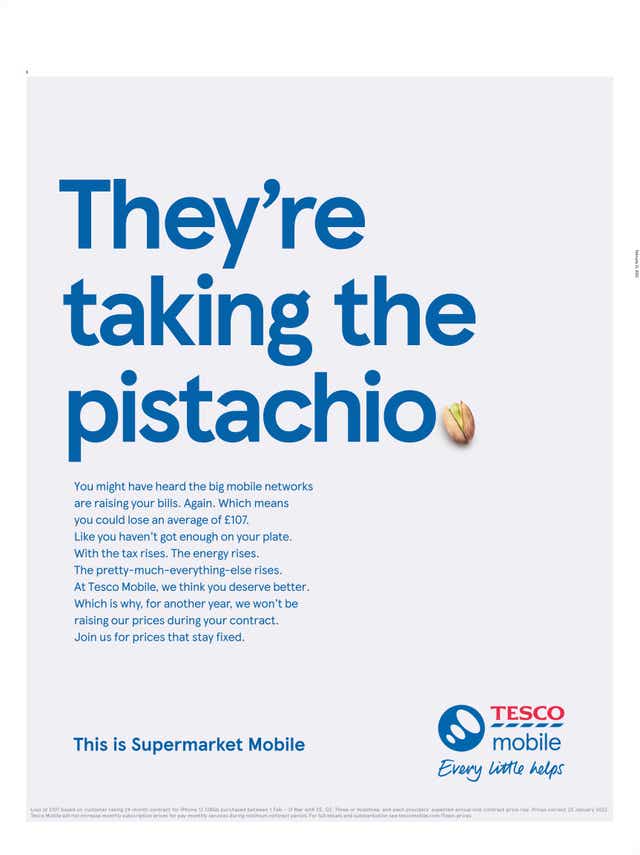 Ads for Tesco Mobile have been banned by the Advertising Standards Authority for replacing expletives with food names (ASA/PA)