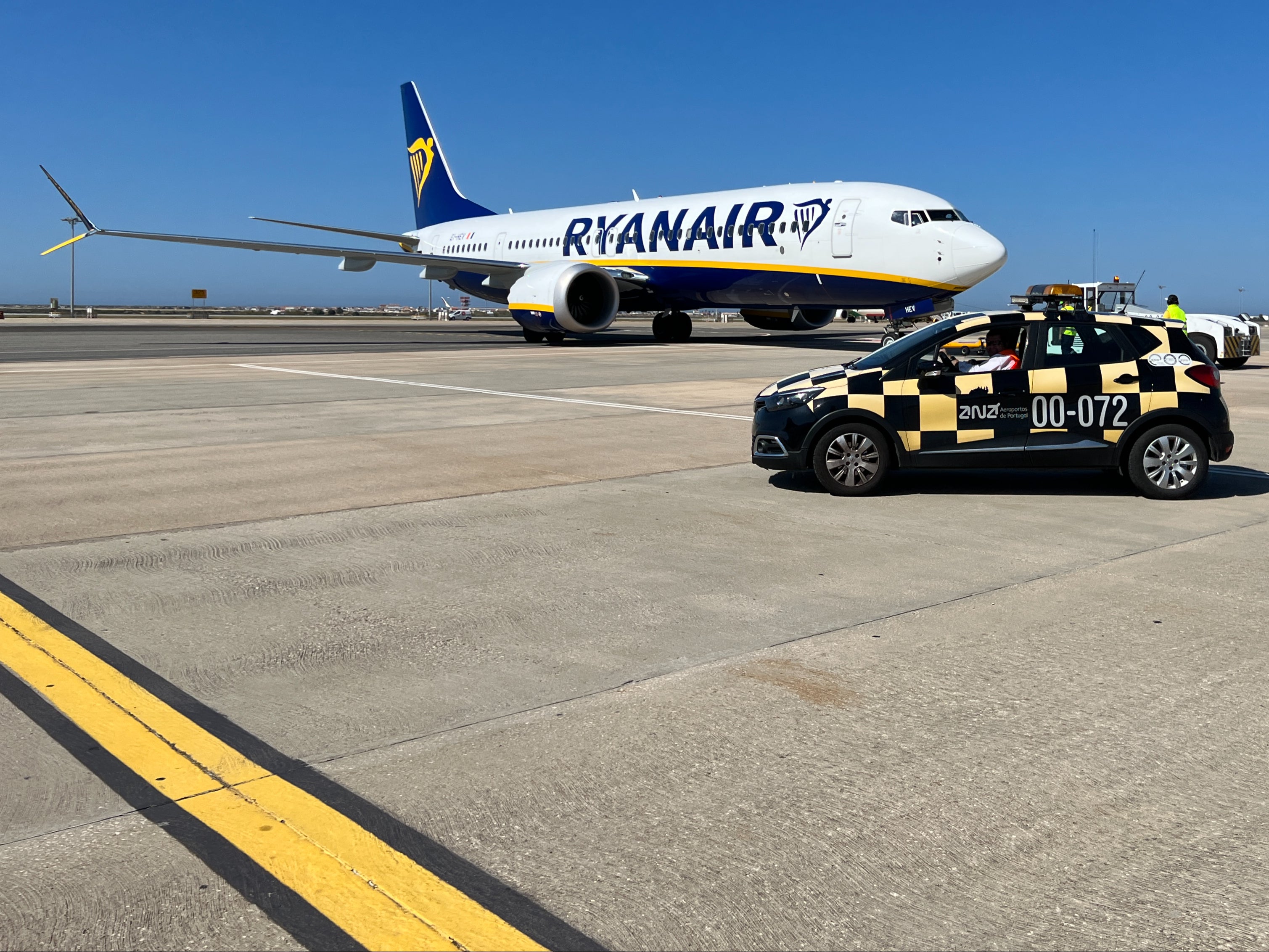 Blue is the colour: Ryanair Boeing 737 Max at Faro airport in Portugal, one of the routes chosen by Rangers fans heading for the Europa League final