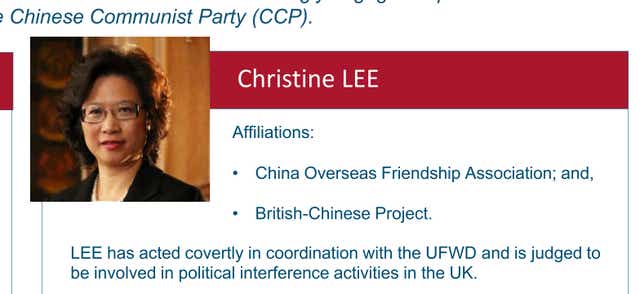 Security sources have warned that the case of suspected Chinese spy Christine Lee targeting MPs is not a ‘one off’ and such threats are increasing (MI5/PA)