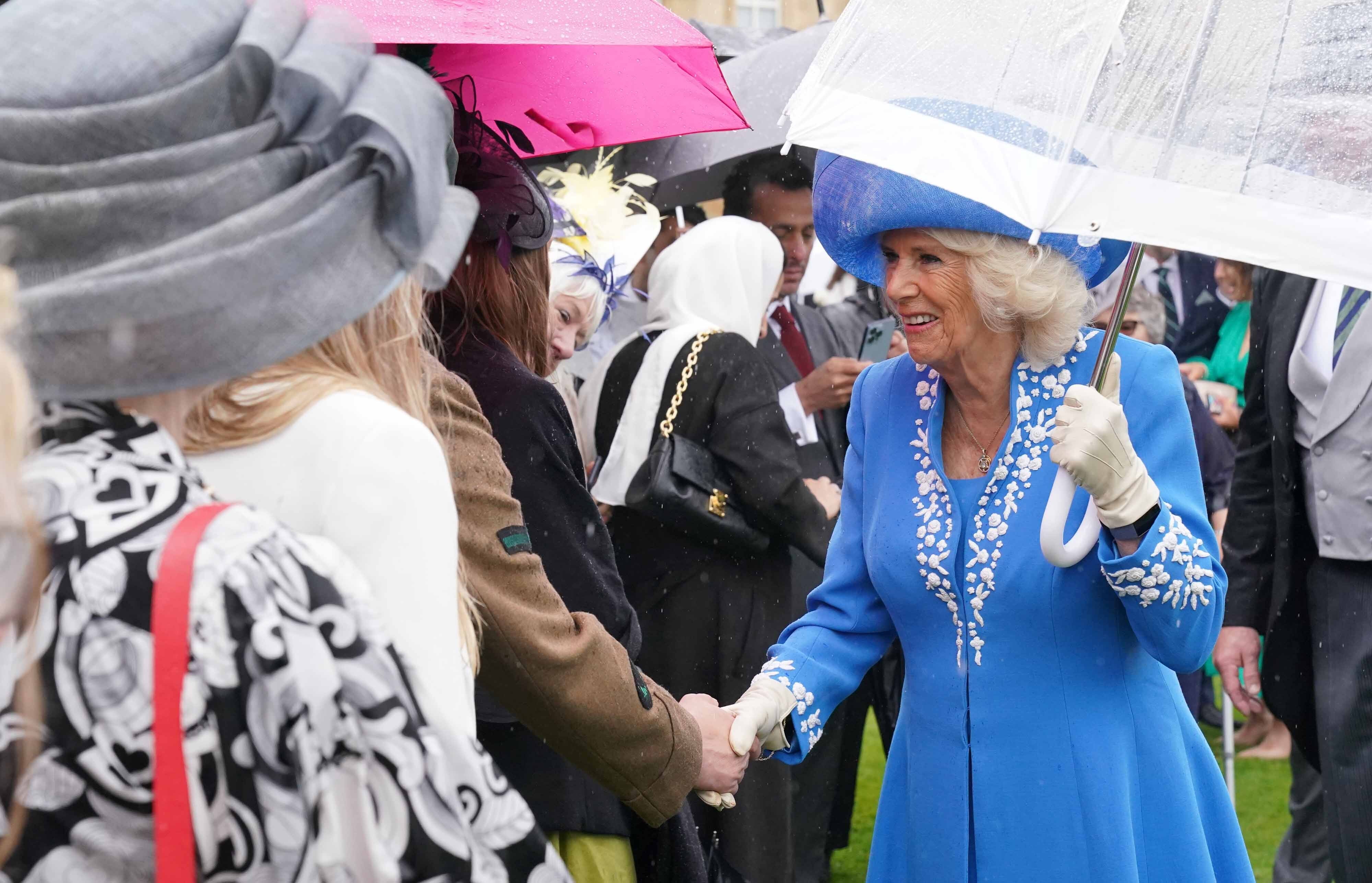 Camilla greets guests at Buckingham Palace (Jonathan Brady/PA)