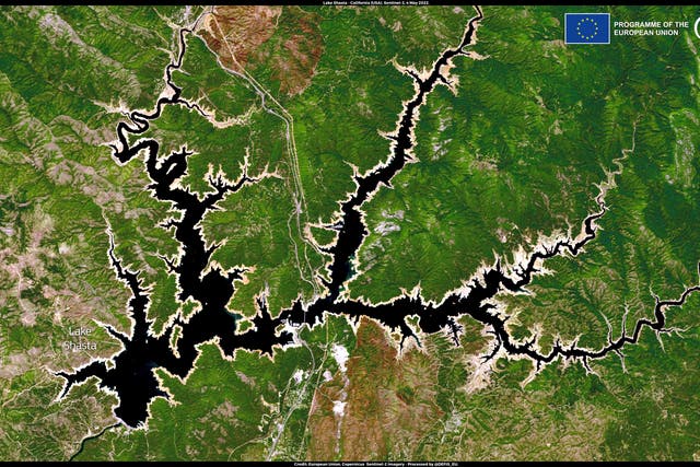 <p>California’s Shasta Lake, as seen from space, is at critically low water levels</p>