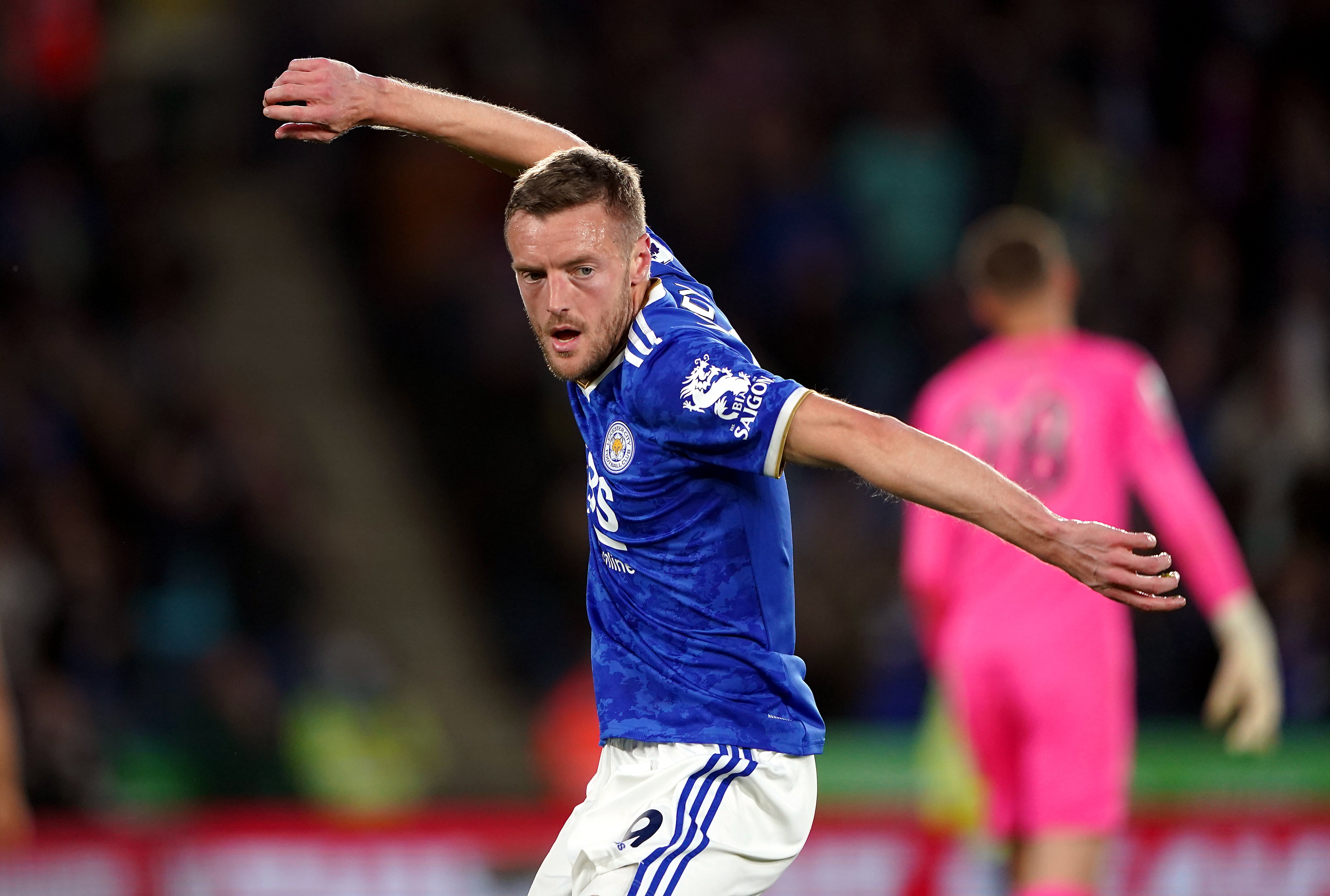 Leicester’s Jamie Vardy celebrates scoring against Norwich (Zac Goodwin/PA)