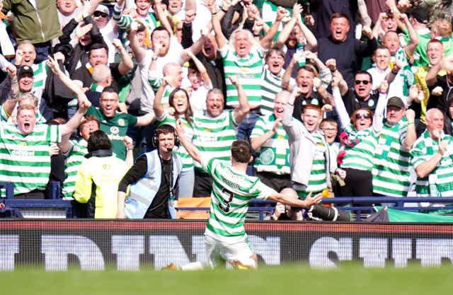 Celtic’s Greg Taylor celebrates scoring (Jane Barlow/PA)