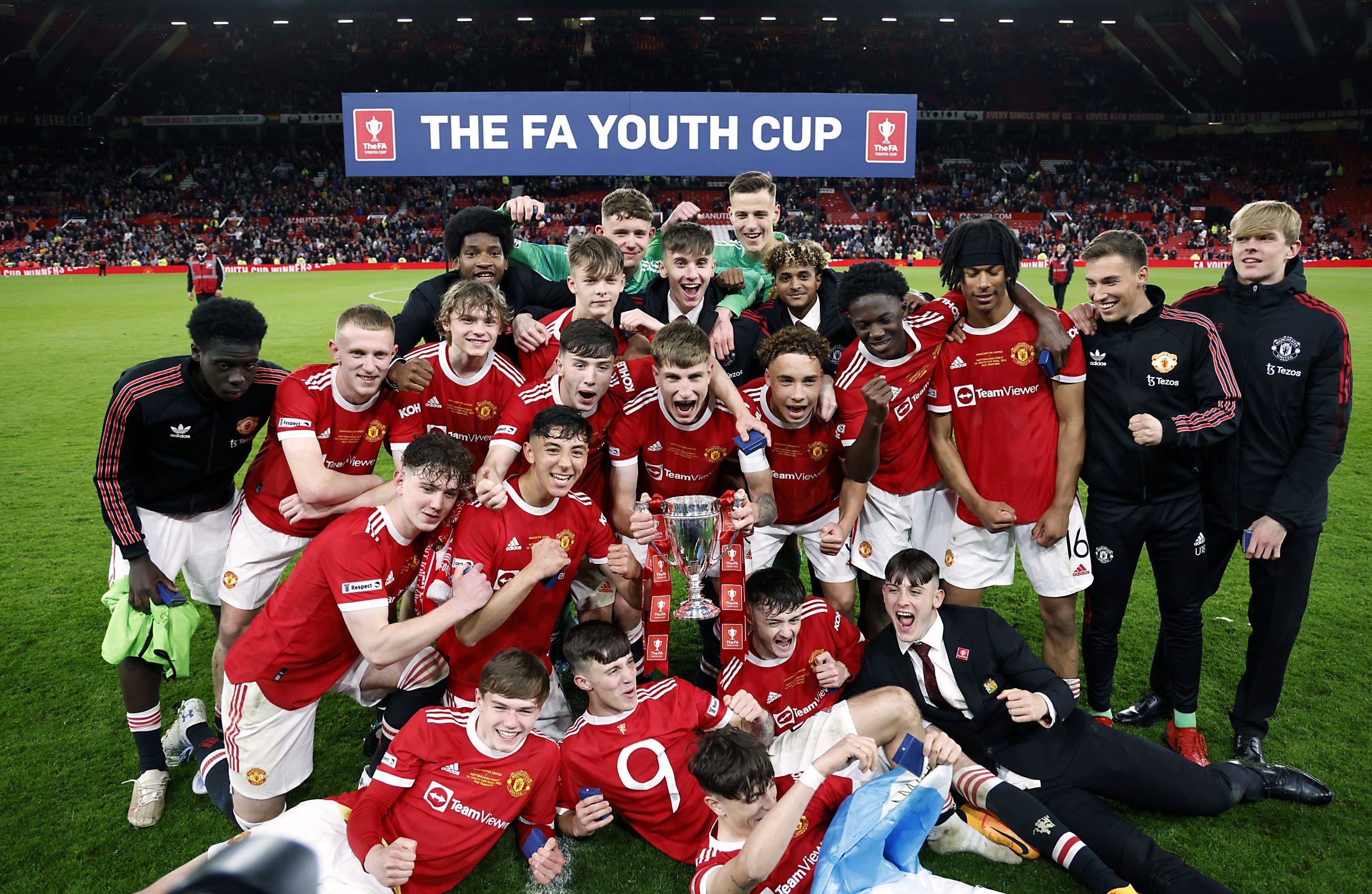Manchester United players celebrate after winning the FA Youth Cup final (Richard Sellers/PA)