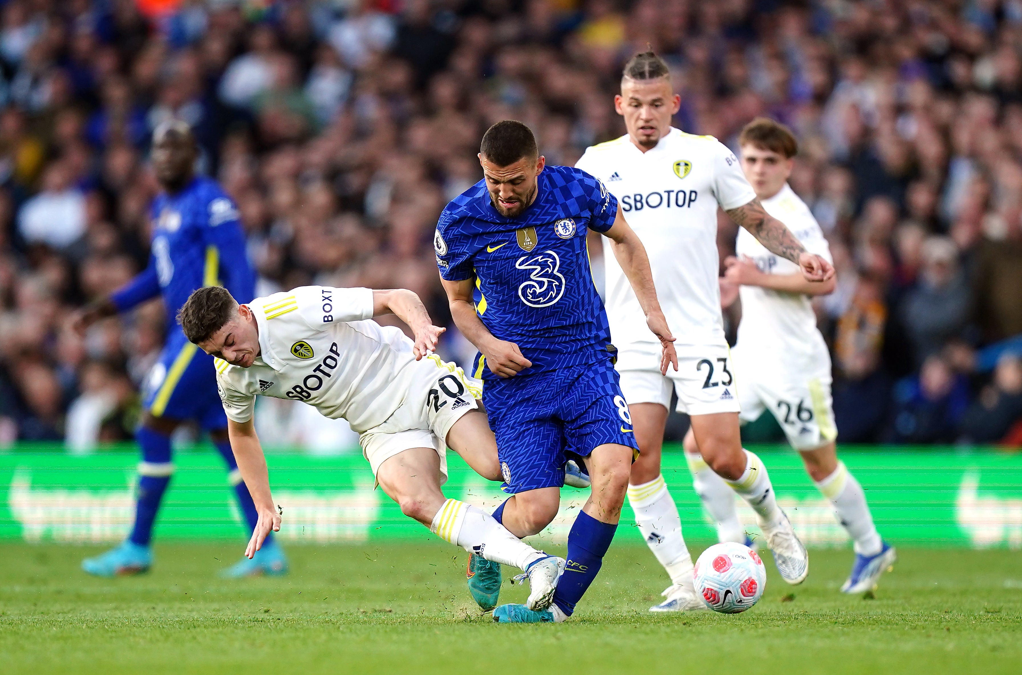 Dan James tackles Chelsea’s Mateo Kovacic and is then sent off (Mike Egerton/PA)