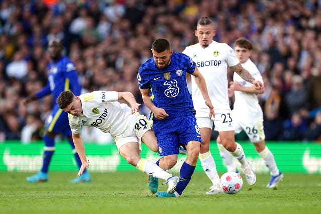 Dan James tackles Chelsea’s Mateo Kovacic and is then sent off (Mike Egerton/PA)