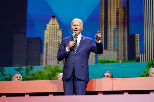 <p>Joe Biden speaks at a gathering of union members </p>