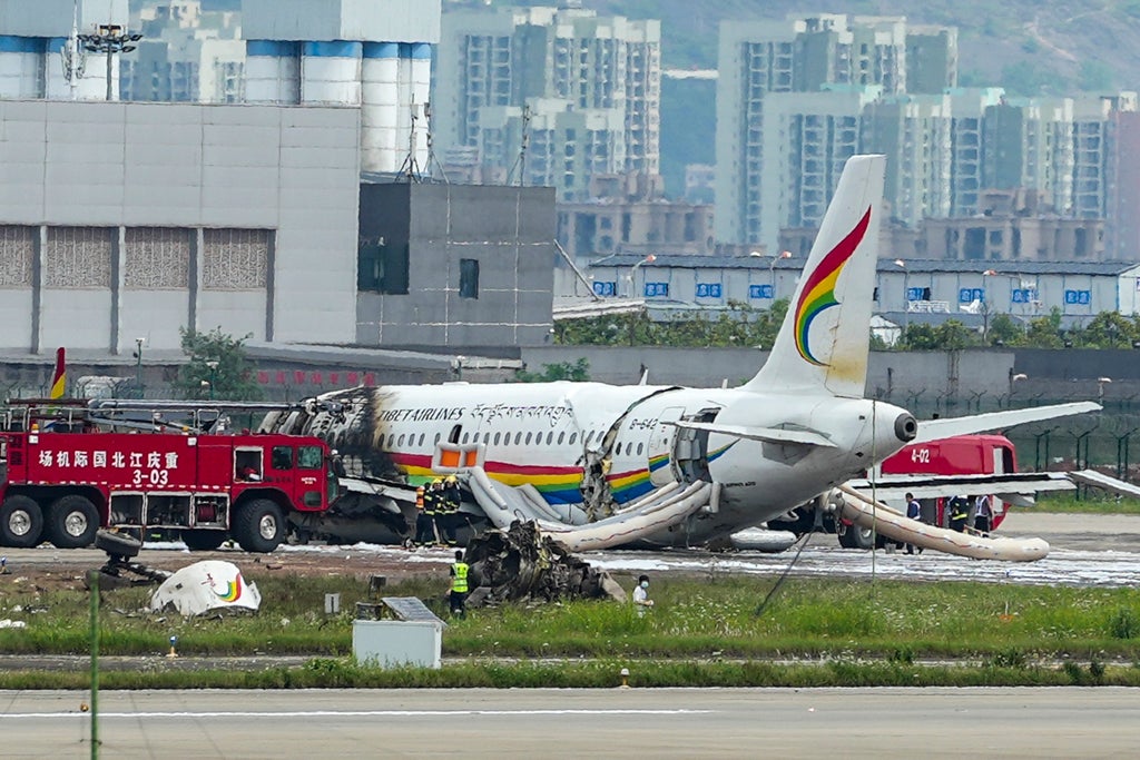 Tibet Airlines: Chinese plane veers off runway and bursts into flames after aborted takeoff
