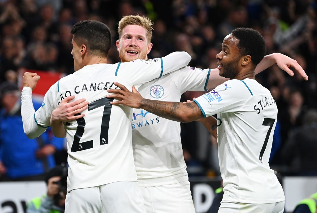 The Belgian celebrates his fourth goal with Cancello and Sterling