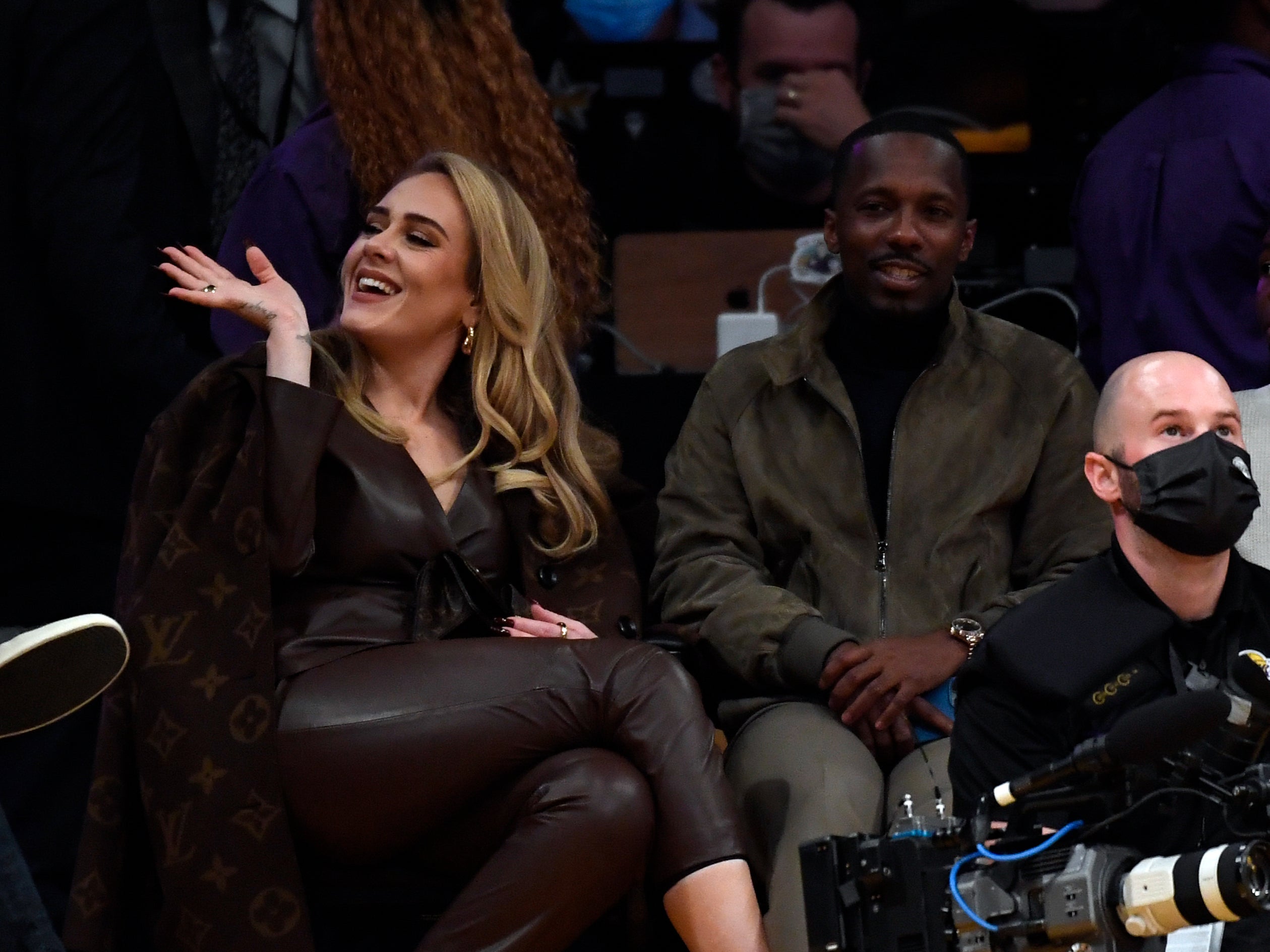 Adele and Rich Paul attend a game between the Los Angeles Lakers and the Golden State Warriors at Staples Center on 19 October 2021