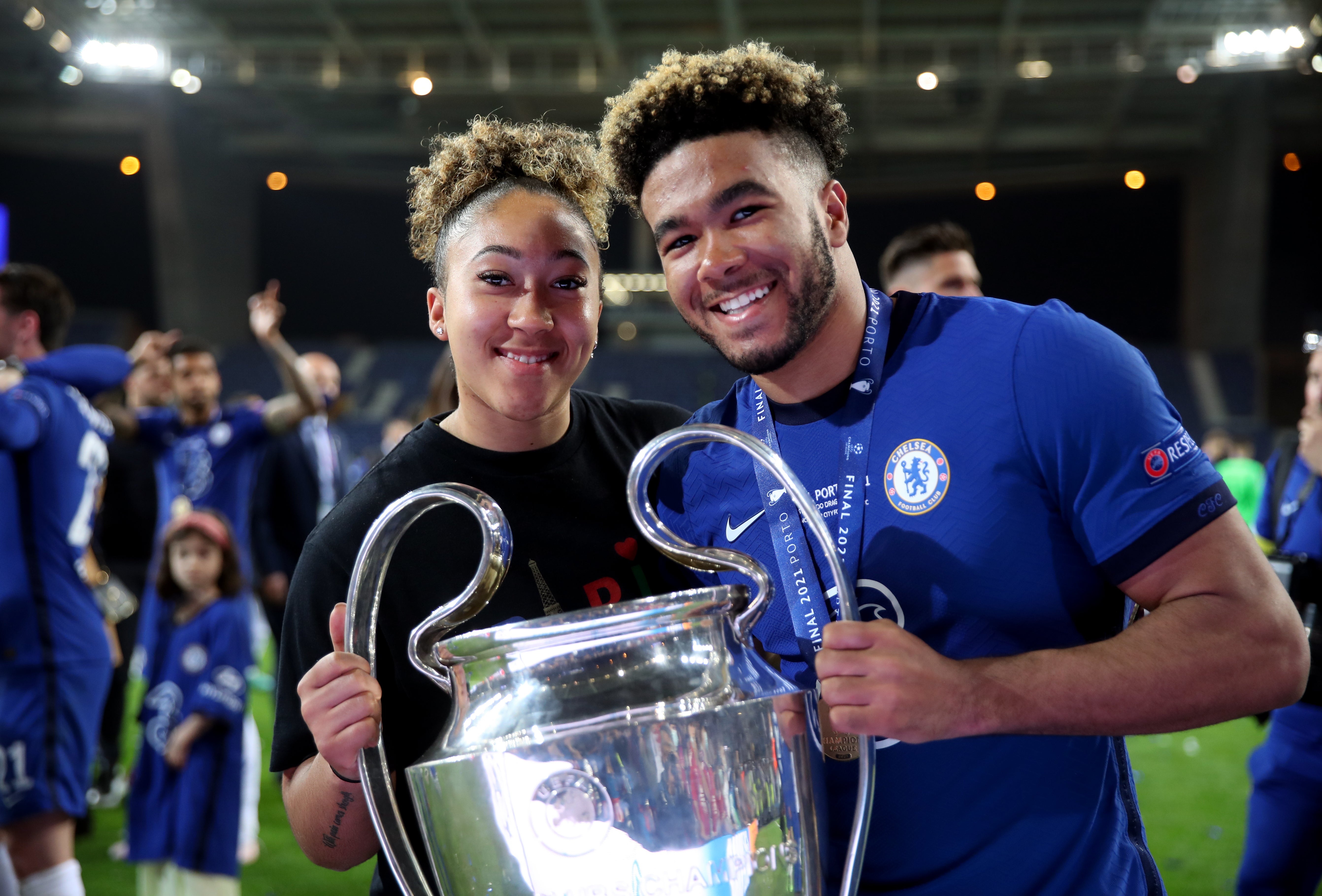 Reece James, right, with sister Lauren, left, after the Chelsea men’s team’s Champions League triumph over Manchester City in Porto in May 2021 (Nick Potts/PA)