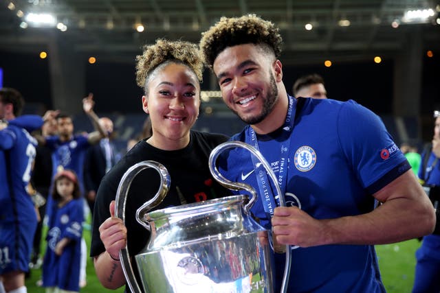 Reece James, right, with sister Lauren, left, after the Chelsea men’s team’s Champions League triumph over Manchester City in Porto in May 2021 (Nick Potts/PA)