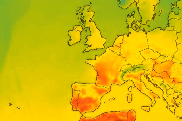 <p>Forecast map for 5pm on Saturday shows the heat moving up from north Africa </p>